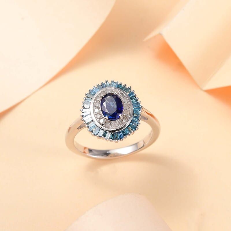 D'Joy Ceylon Blue Sapphire, Blue and White Diamond 1.40 ctw Midnight Halo Ring in Rhodium Over Sterling Silver (Size 10.0)