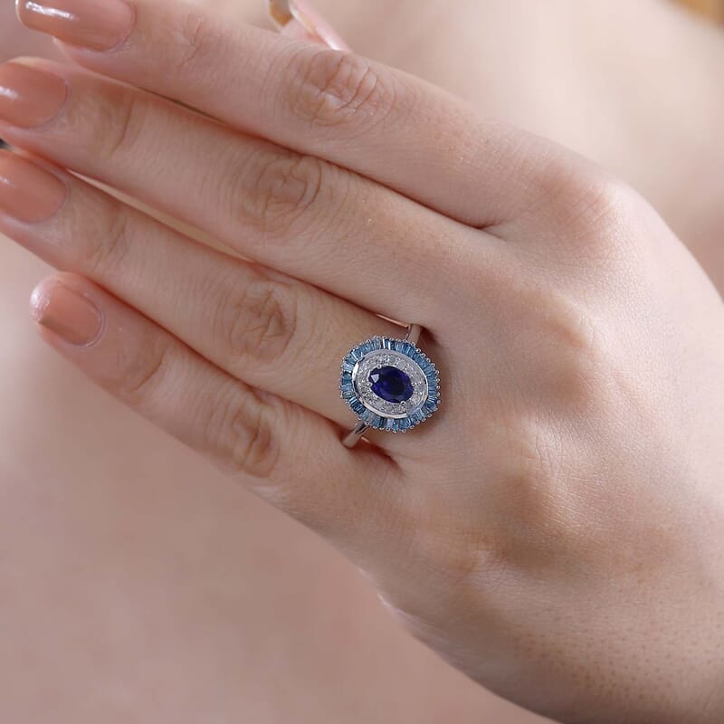D'Joy Ceylon Blue Sapphire, Blue and White Diamond 1.40 ctw Midnight Halo Ring in Rhodium Over Sterling Silver (Size 10.0)