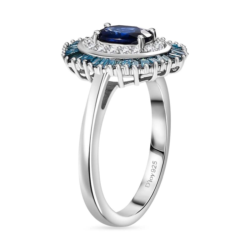 D'Joy Ceylon Blue Sapphire, Blue and White Diamond 1.40 ctw Midnight Halo Ring in Rhodium Over Sterling Silver (Size 10.0)