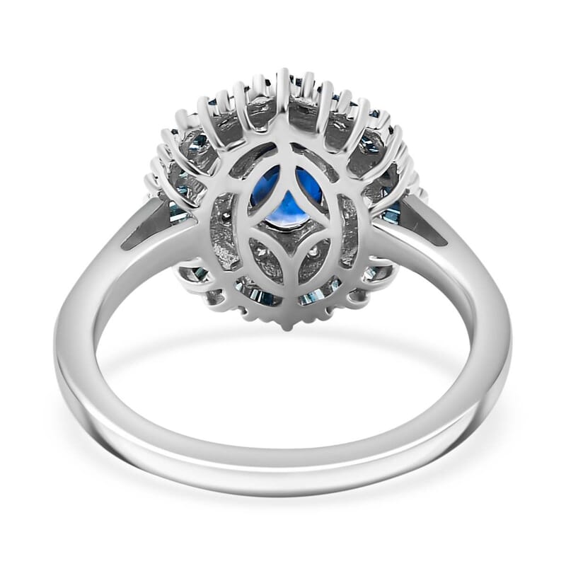 D'Joy Ceylon Blue Sapphire, Blue and White Diamond 1.40 ctw Midnight Halo Ring in Rhodium Over Sterling Silver (Size 10.0)