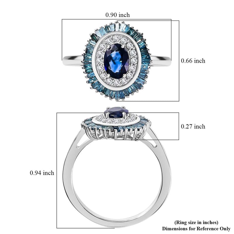 D'Joy Ceylon Blue Sapphire, Blue and White Diamond 1.40 ctw Midnight Halo Ring in Rhodium Over Sterling Silver (Size 10.0)
