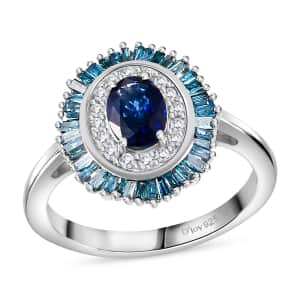 Ceylon Blue Sapphire, Blue and White Diamond 1.40 ctw Midnight Halo Ring in Rhodium Over Sterling Silver (Size 7.0)