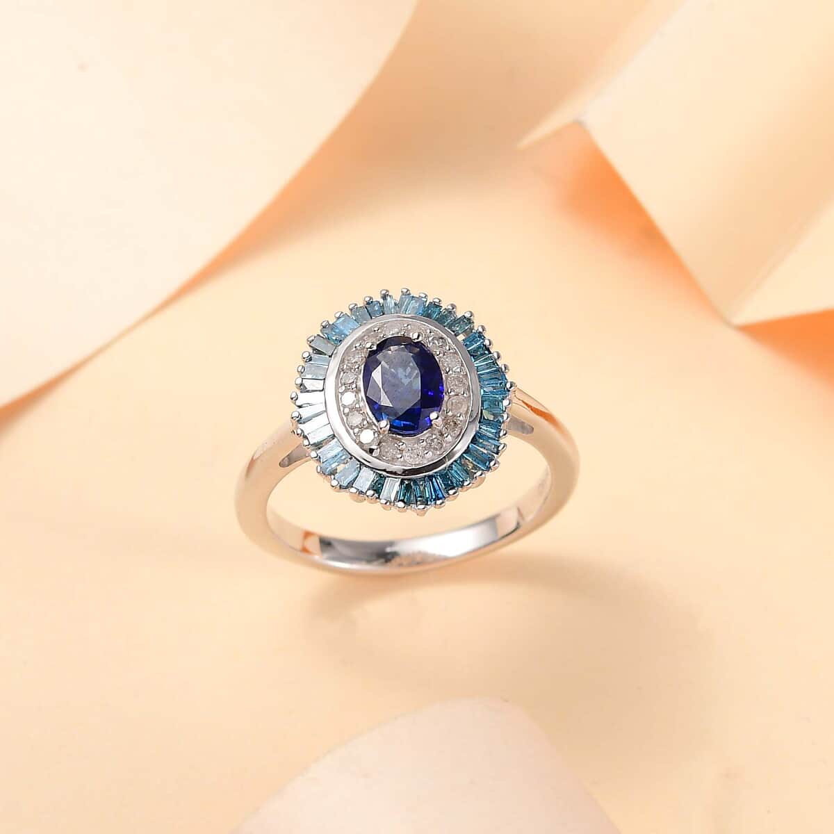 Blue Ceylon Sapphire, Blue Diamond (IR), White Diamond Ring in Rhodium Over Sterling Silver (Size 7.0) 1.35 ctw image number 1