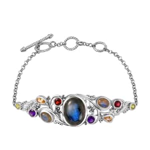 Karis Malagasy Labradorite and Multi Gemstone 14.50 ctw Floral Bracelet in Platinum Bond (6.50-8.0In)