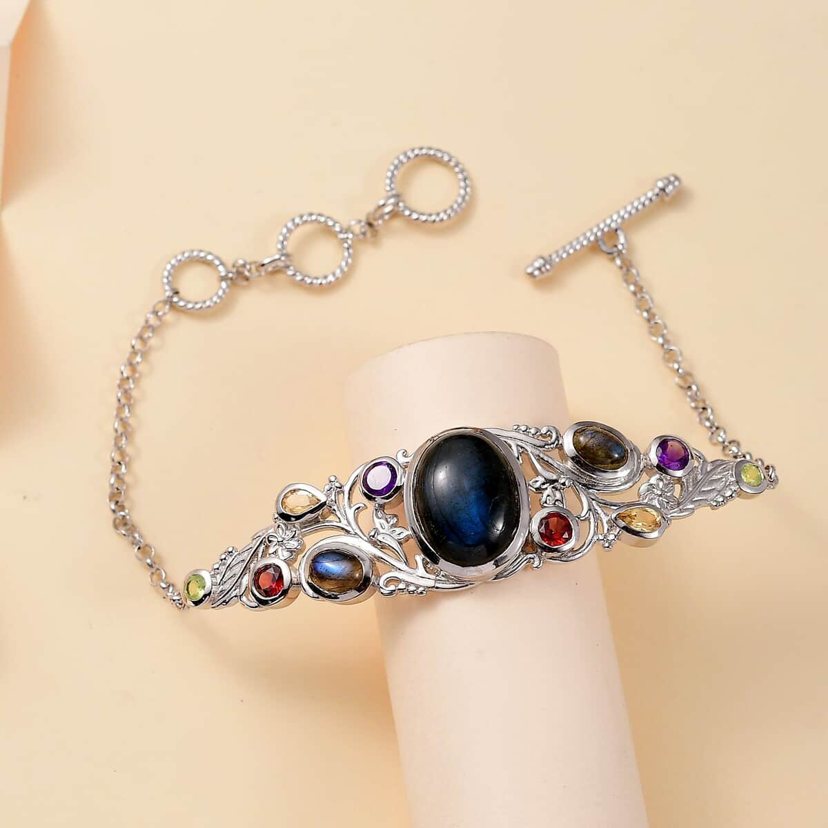 Karis Malagasy Labradorite and Multi Gemstone 14.50 ctw Floral Bracelet in Platinum Bond (6.50-8.0In) image number 1