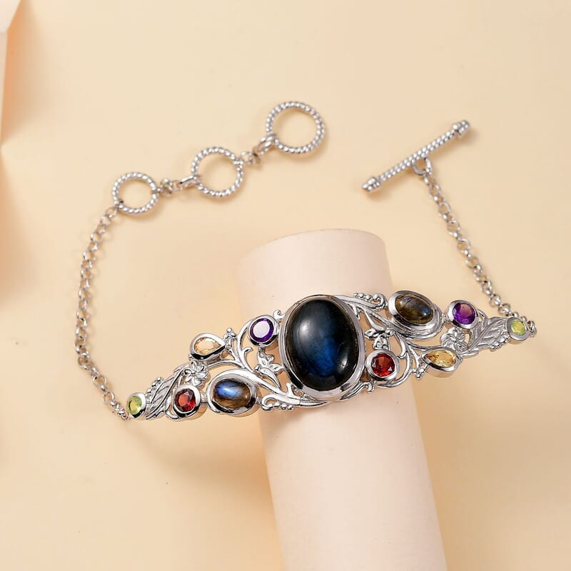Karis Malagasy Labradorite and Multi Gemstone 14.50 ctw Floral Bracelet in Platinum Bond (6.50-8.0In)