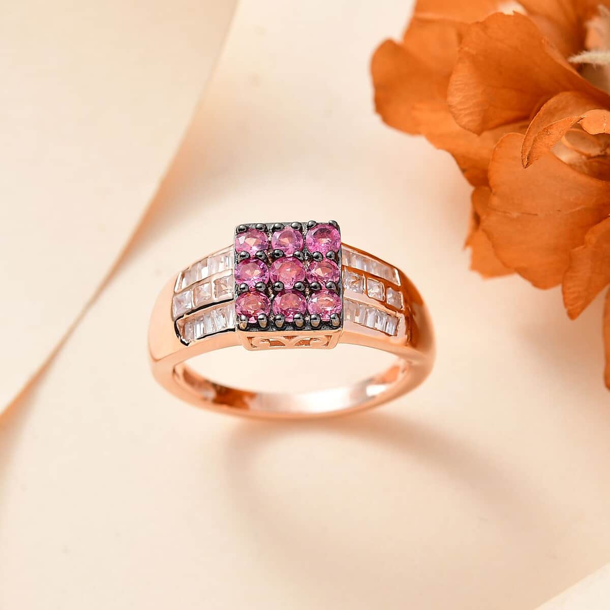 Mahenge Spinel and White Zircon 1.75 ctw Art Deco Ring in 18K Vermeil Rose Gold Over Sterling Silver (Size 6.0) image number 1