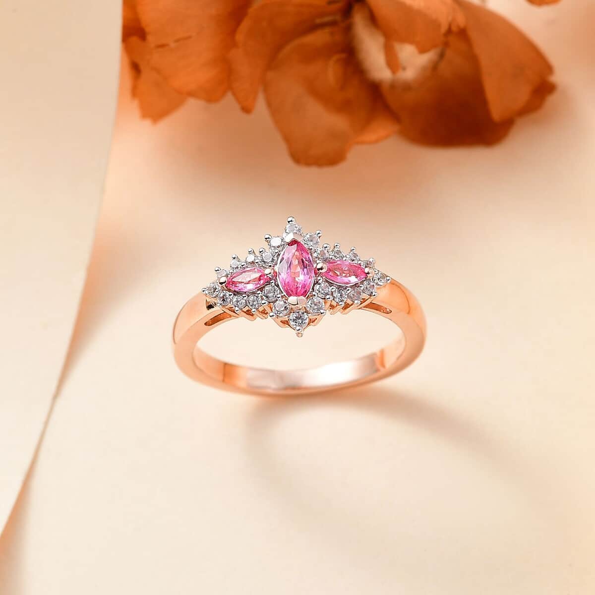 Mahenge Spinel and White Zircon 0.75 ctw Floret Sparkle Ring in 18K Vermeil Rose Gold Over Sterling Silver (Size 7.0) image number 1