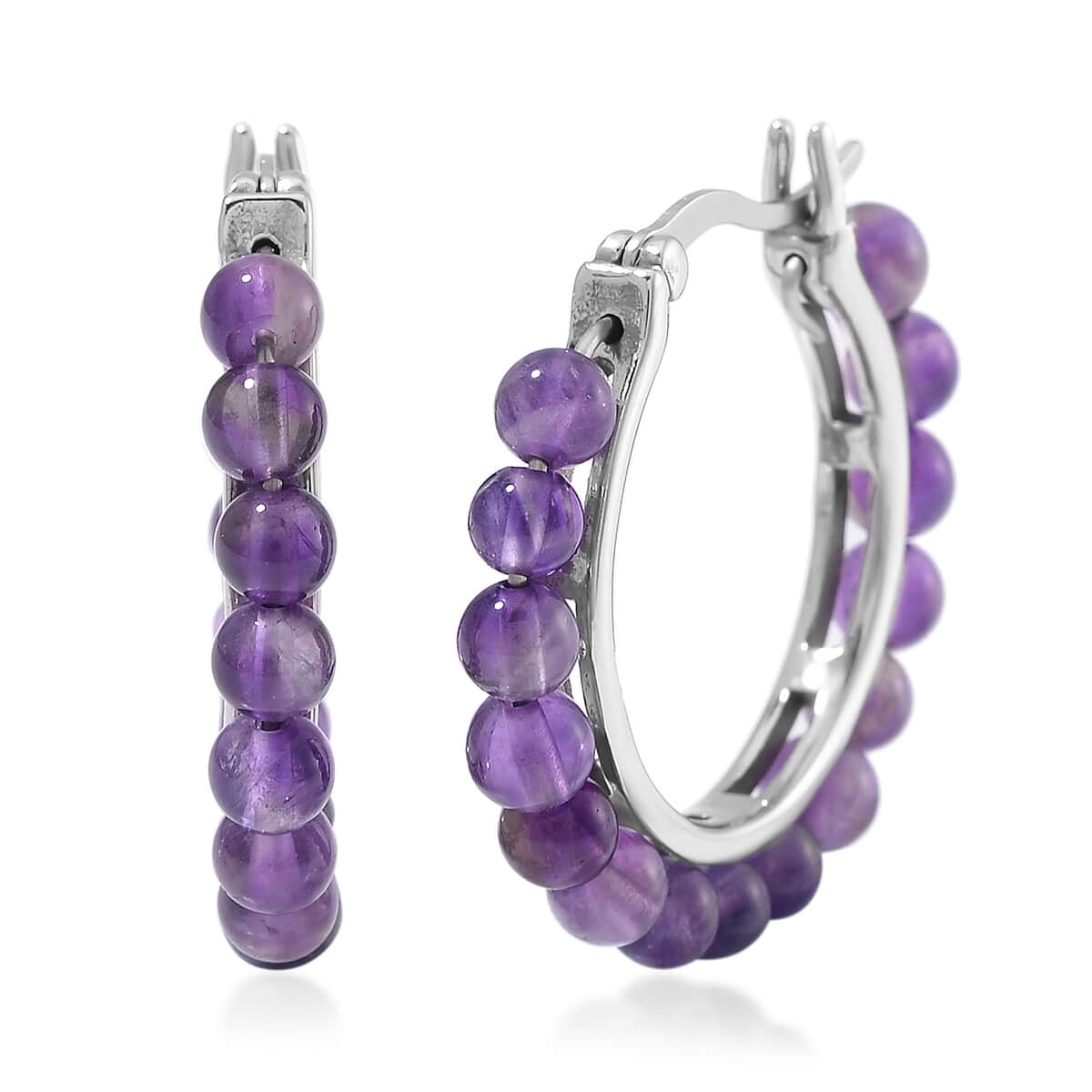 African Amethyst 17.00 ctw Beaded Hoop Earrings in Stainless Steel image number 0