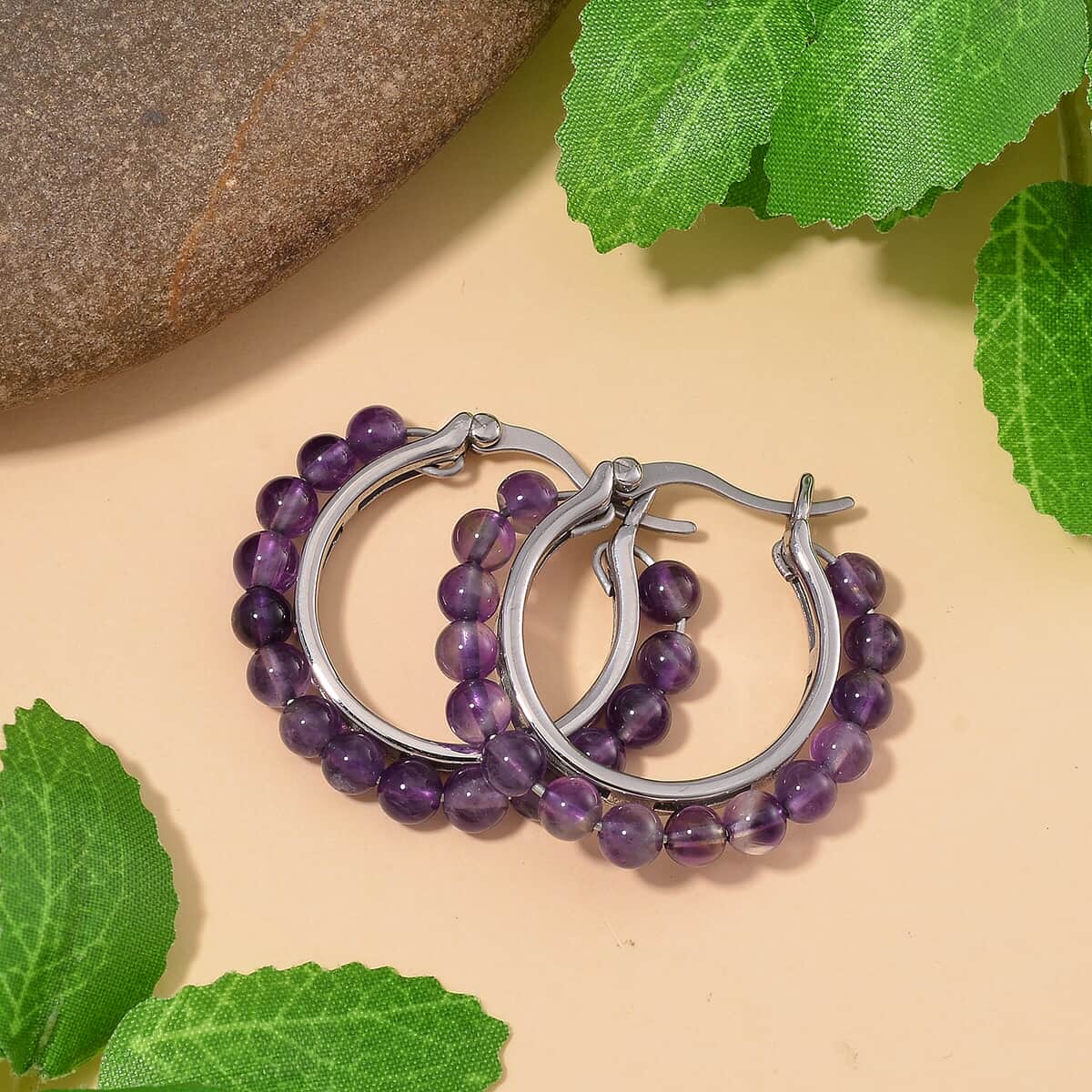 African Amethyst 17.00 ctw Beaded Hoop Earrings in Stainless Steel image number 1