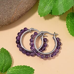 African Amethyst 17.00 ctw Beaded Hoop Earrings in Stainless Steel