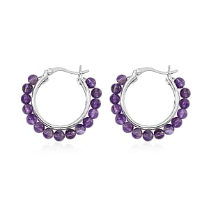 African Amethyst 17.00 ctw Beaded Hoop Earrings in Stainless Steel