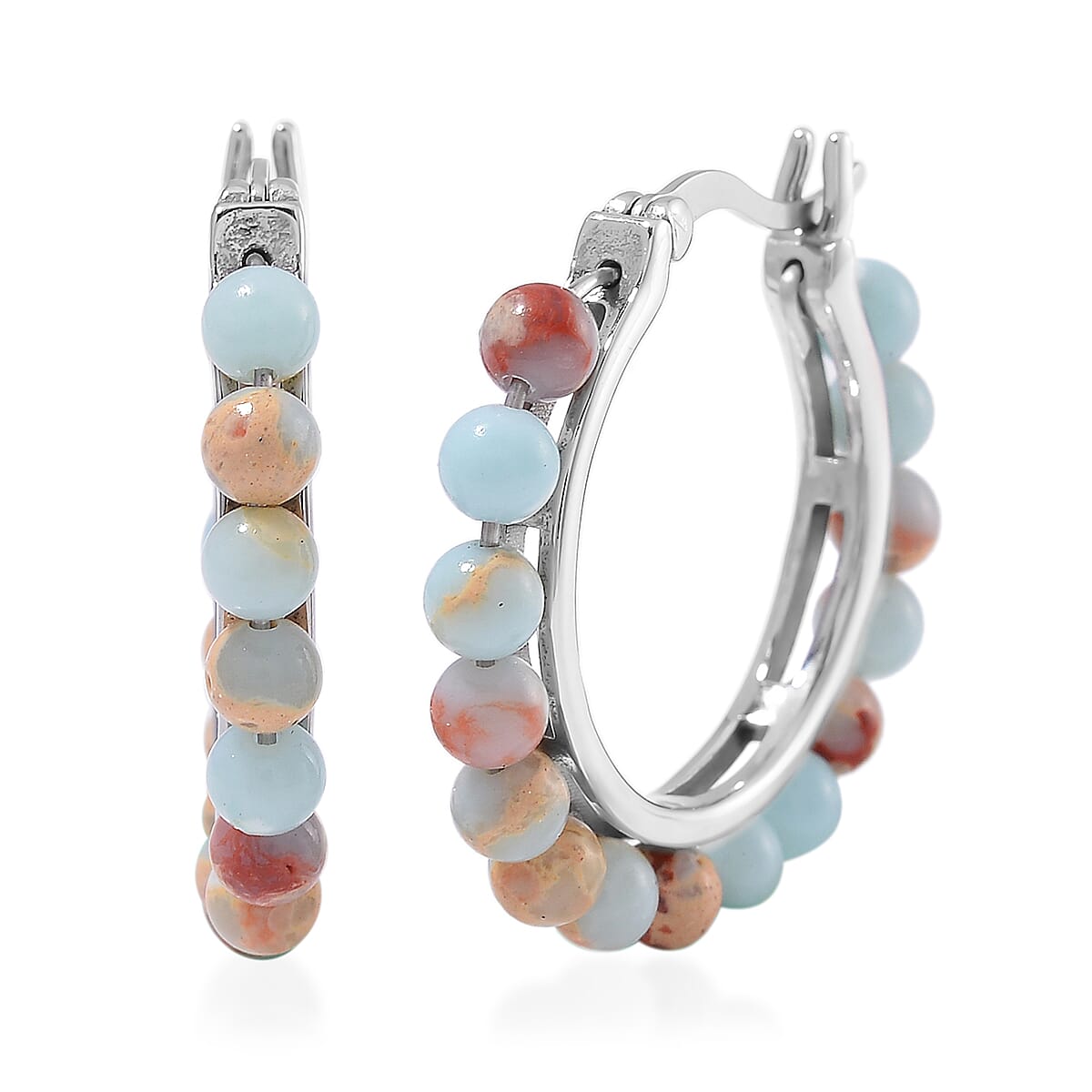 Multi Color Jade (D) 17.00 ctw Beaded Hoop Earrings in Stainless Steel image number 0