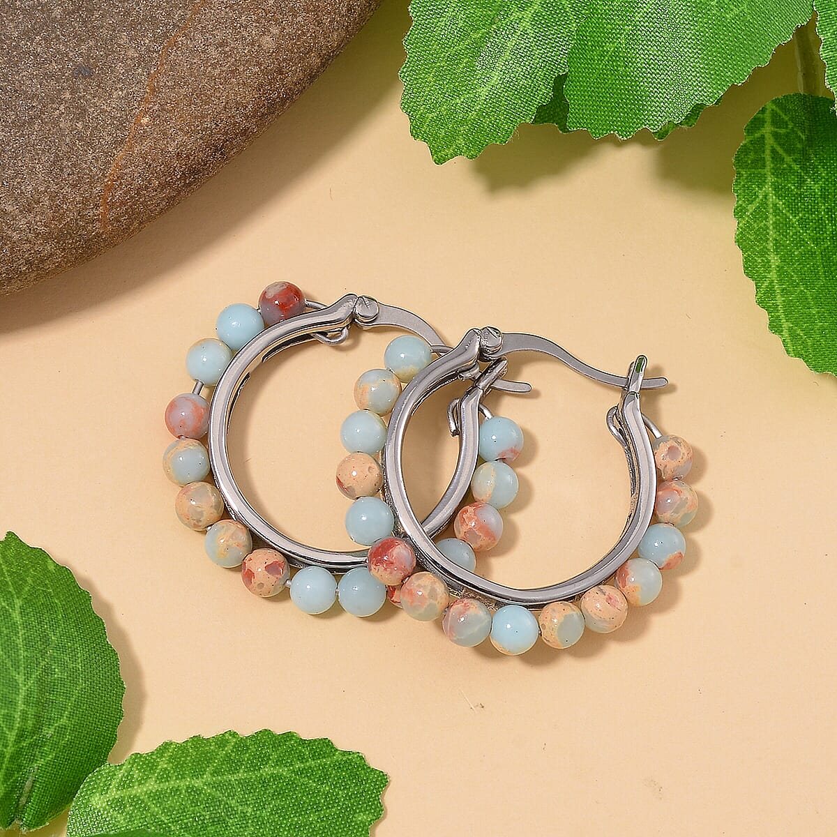 Multi Color Jade (D) 17.00 ctw Beaded Hoop Earrings in Stainless Steel image number 1