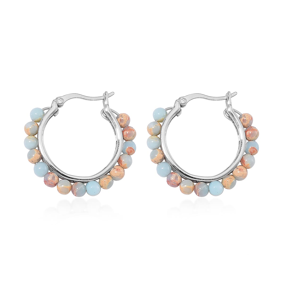 Multi Color Jade (D) 17.00 ctw Beaded Hoop Earrings in Stainless Steel image number 3