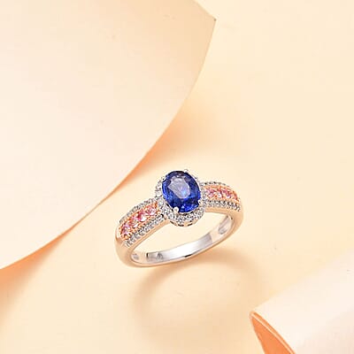 Ceylon Blue Sapphire and Multi Gemstone 1.60 ctw Ocean Blossom Ring in 18K Vermeil RG and Rhodium Over Sterling Silver (Size 10.0)