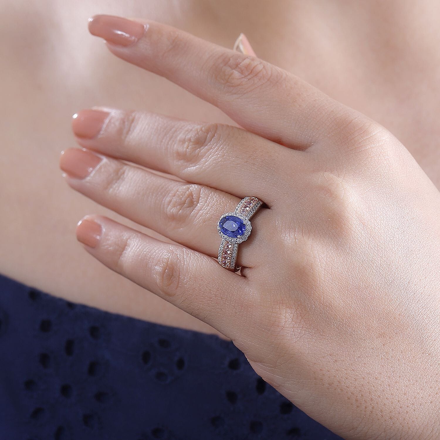 Ceylon Blue Sapphire and Multi Gemstone 1.60 ctw Ocean Blossom Ring in 18K Vermeil RG and Rhodium Over Sterling Silver (Size 10.0)