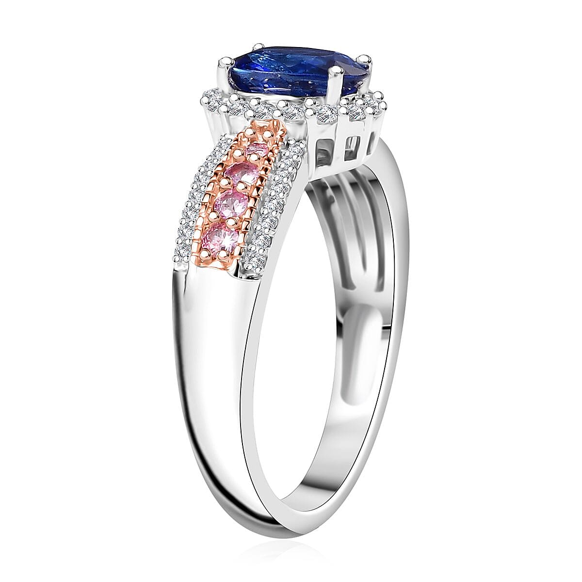 Ceylon Blue Sapphire and Multi Gemstone 1.60 ctw Ocean Blossom Ring in 18K Vermeil RG and Rhodium Over Sterling Silver (Size 10.0)