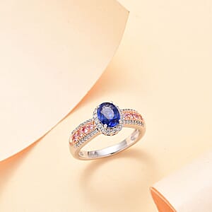 Ceylon Blue Sapphire and Multi Gemstone 1.60 ctw Ocean Blossom Ring in 18K Vermeil RG and Rhodium Over Sterling Silver (Size 9.0)