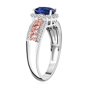 Ceylon Blue Sapphire and Multi Gemstone 1.60 ctw Ocean Blossom Ring in 18K Vermeil RG and Rhodium Over Sterling Silver (Size 9.0)