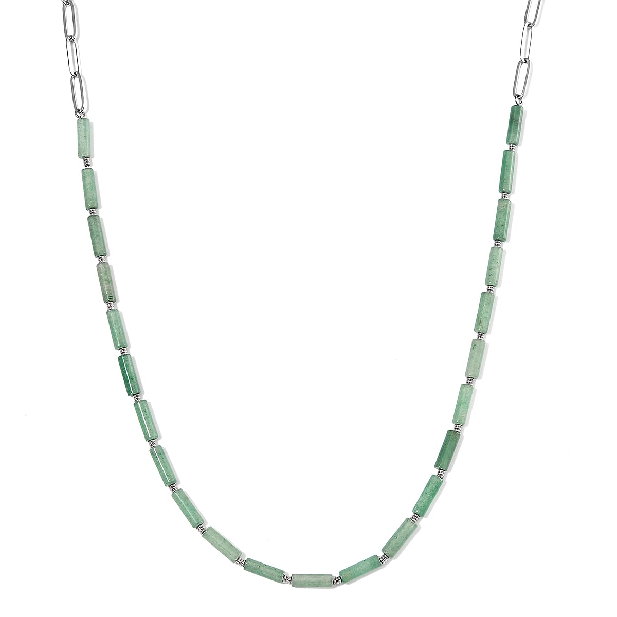 Green Aventurine 62.50 ctw Barrel Shape Paper Clip Chain Necklace in Stainless Steel 20-22 Inches image number 0