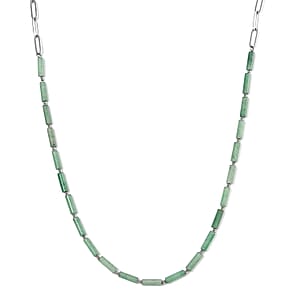 Green Aventurine 62.50 ctw Barrel Shape Paper Clip Chain Necklace in Stainless Steel 20-22 Inches