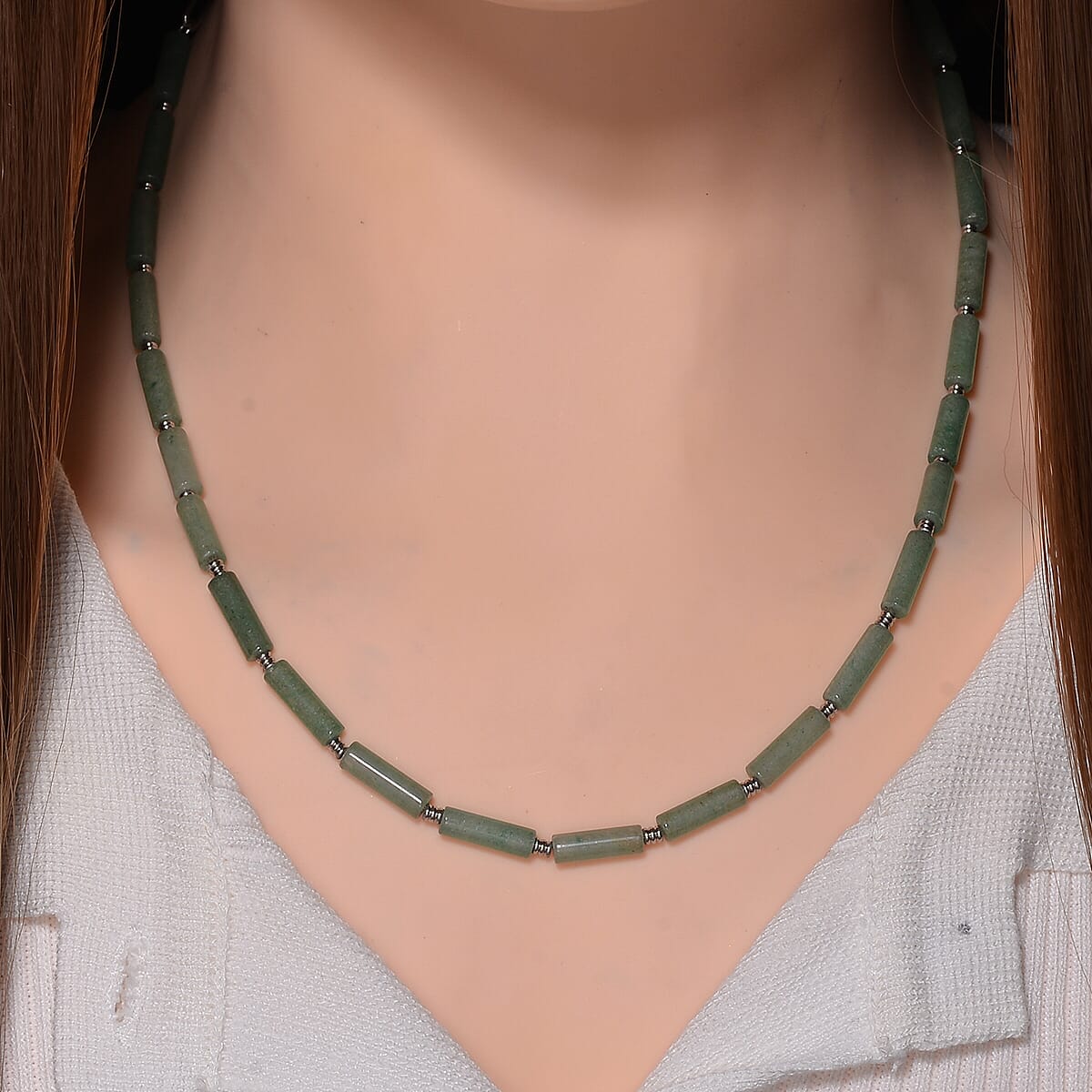 Green Aventurine 62.50 ctw Barrel Shape Paper Clip Chain Necklace in Stainless Steel 20-22 Inches image number 1