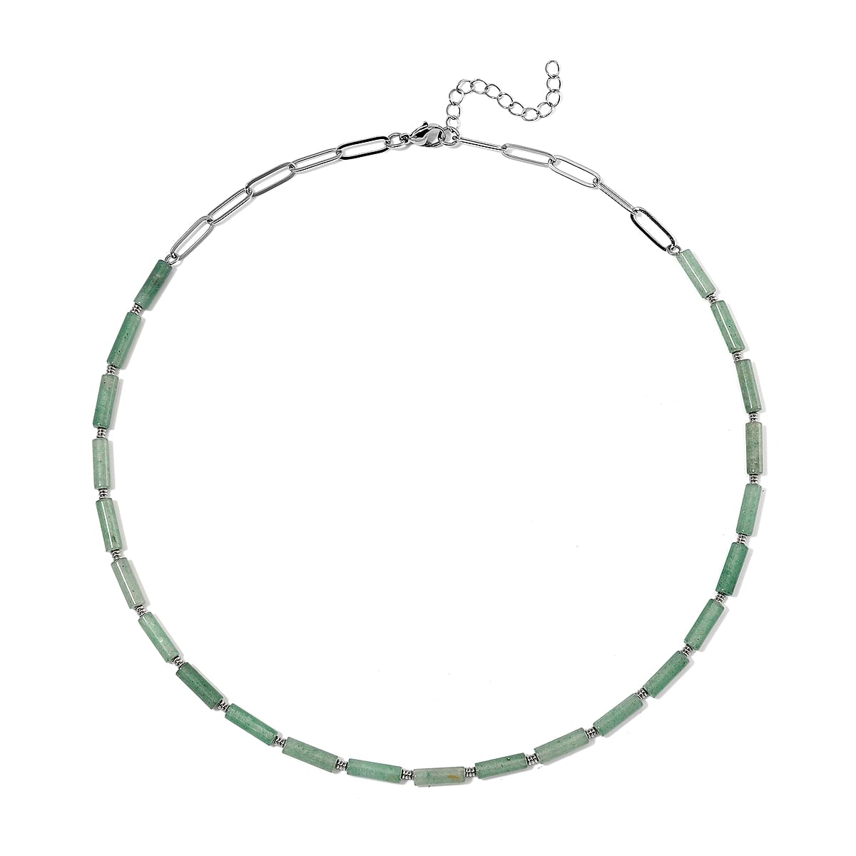 Green Aventurine 62.50 ctw Barrel Shape Paper Clip Chain Necklace in Stainless Steel 20-22 Inches image number 2