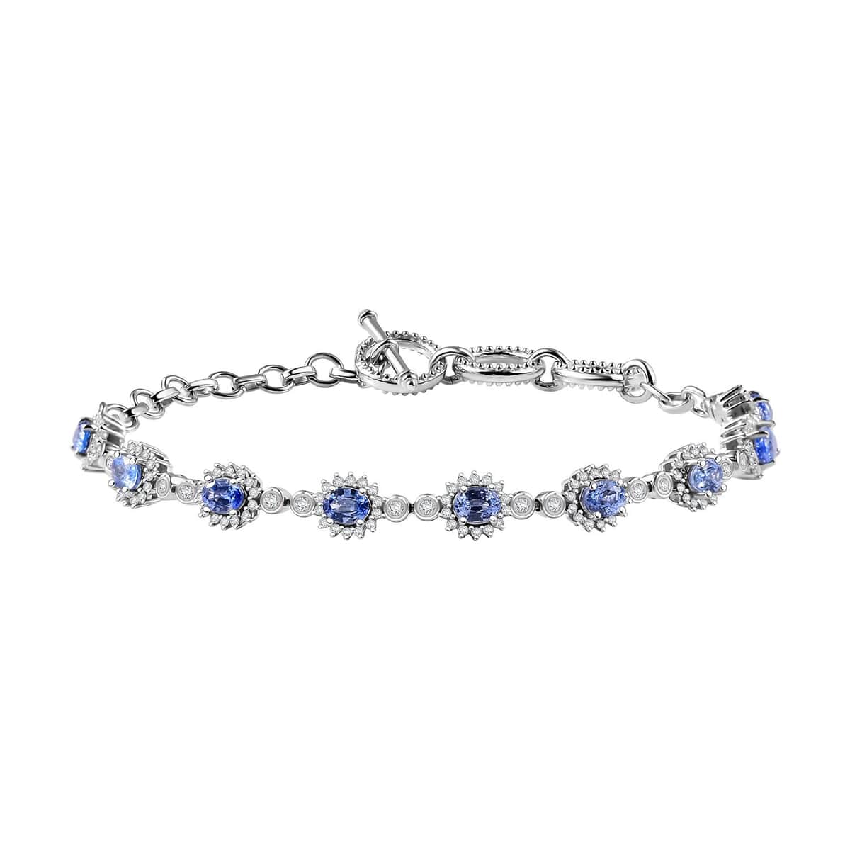 Ceylon Blue Sapphire and White Zircon 4.35 ctw Art Deco Bracelet in Rhodium Over Sterling Silver (6.50-8.0In) image number 0