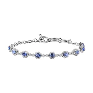 Ceylon Blue Sapphire and White Zircon 4.35 ctw Art Deco Bracelet in Rhodium Over Sterling Silver (6.50-8.0In)