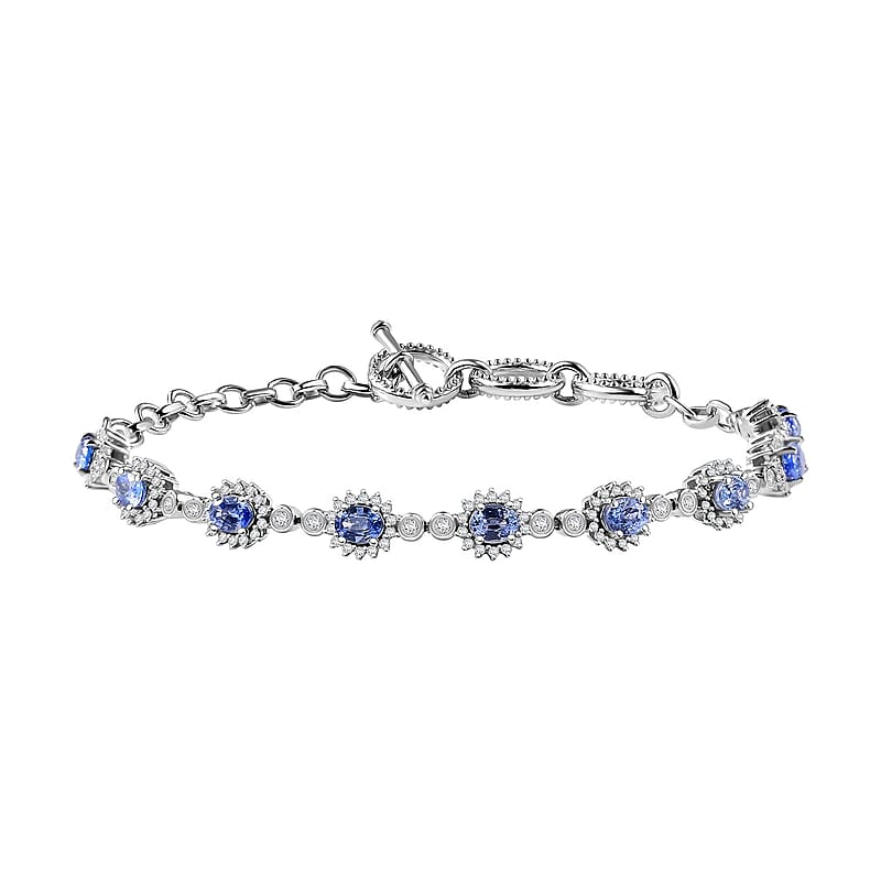 D'Joy Ceylon Blue Sapphire and White Zircon 4.35 ctw Art Deco Bracelet in Rhodium Over Sterling Silver (6.50-8.0In)