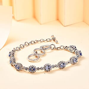 D'Joy Ceylon Blue Sapphire and White Zircon 4.35 ctw Art Deco Bracelet in Rhodium Over Sterling Silver (6.50-8.0In)