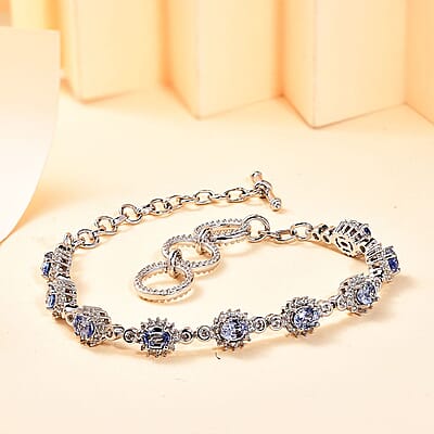 D'Joy Ceylon Blue Sapphire and White Zircon 4.35 ctw Art Deco Bracelet in Rhodium Over Sterling Silver (6.50-8.0In)