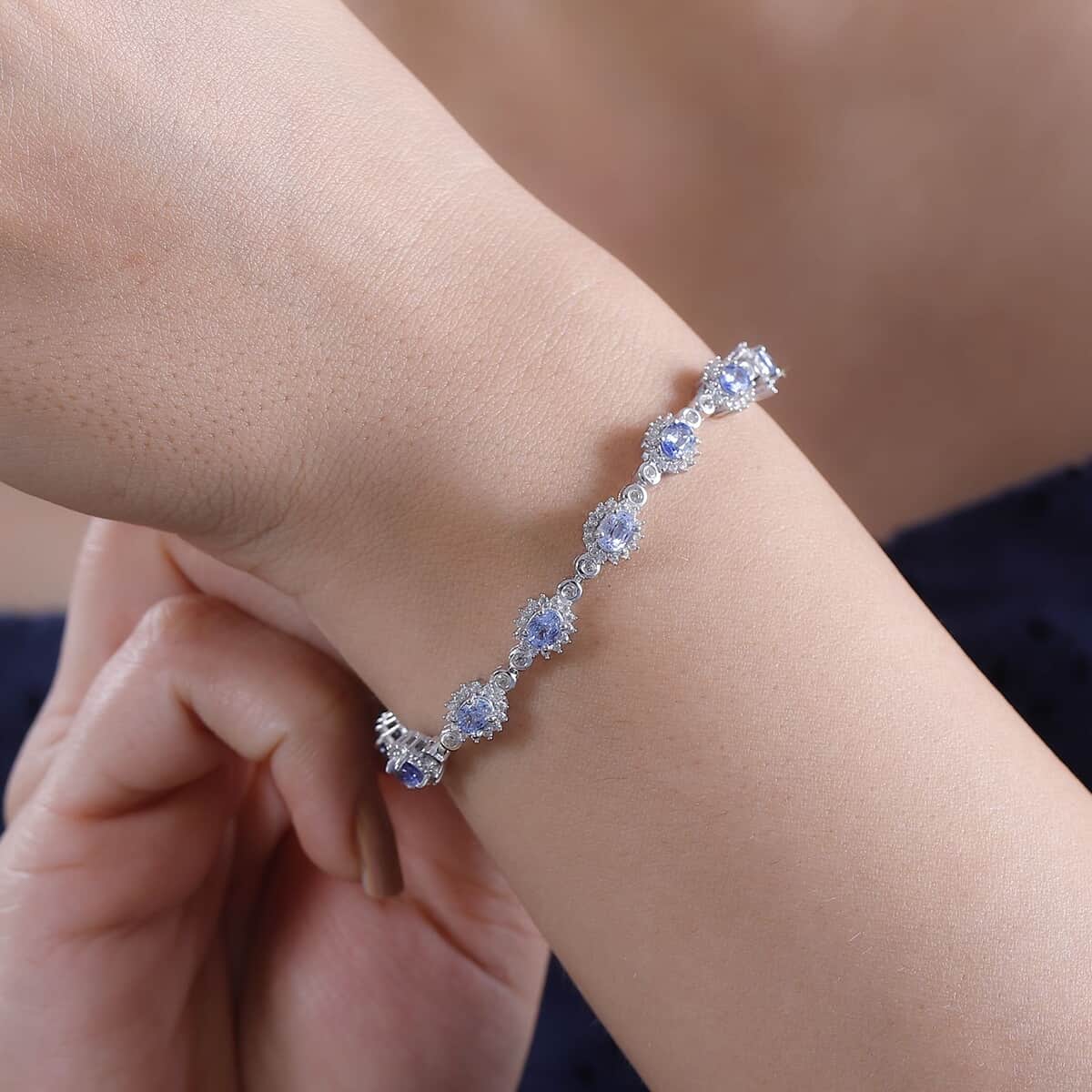 Ceylon Blue Sapphire and White Zircon 4.35 ctw Art Deco Bracelet in Rhodium Over Sterling Silver (6.50-8.0In) image number 2