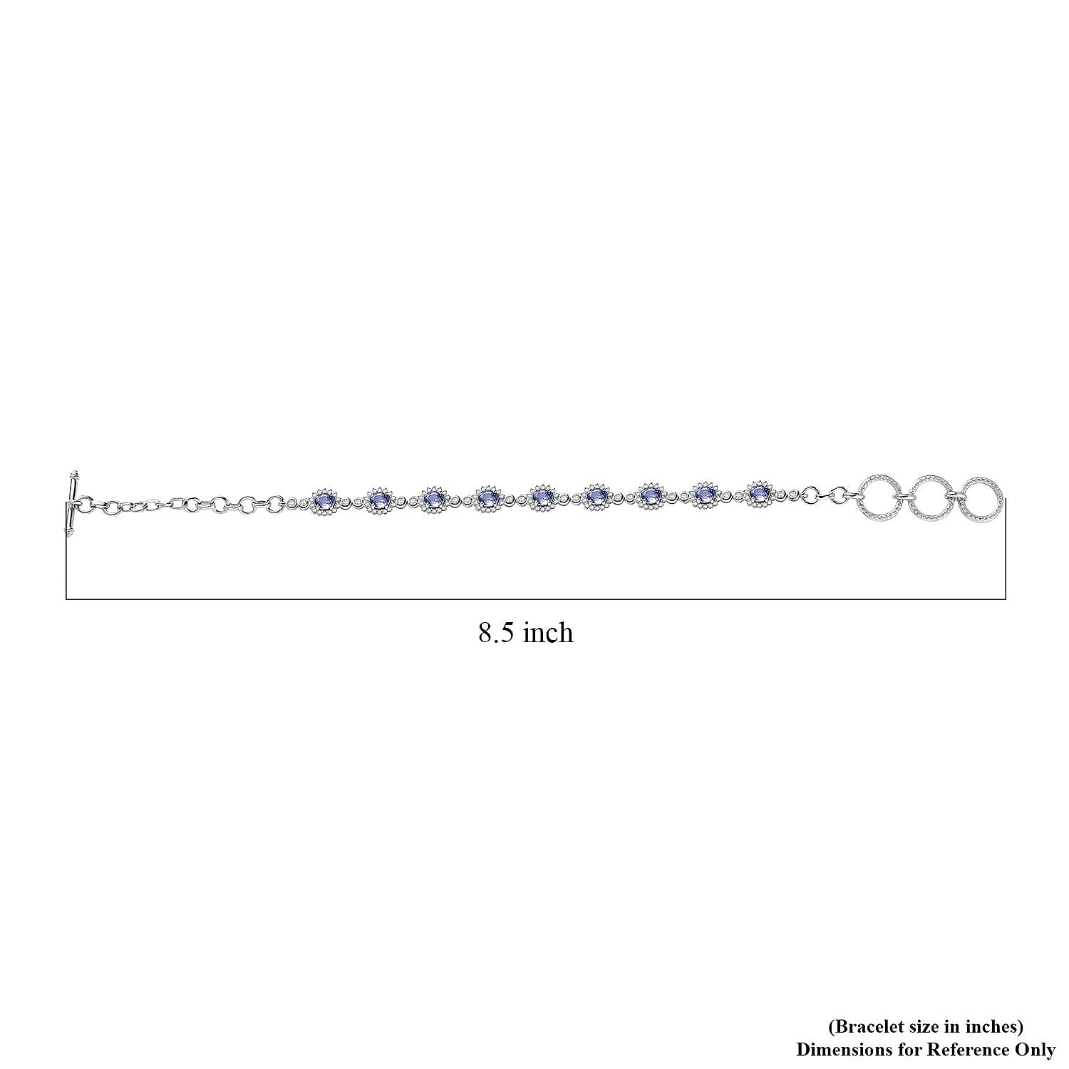 D'Joy Ceylon Blue Sapphire and White Zircon 4.35 ctw Art Deco Bracelet in Rhodium Over Sterling Silver (6.50-8.0In)