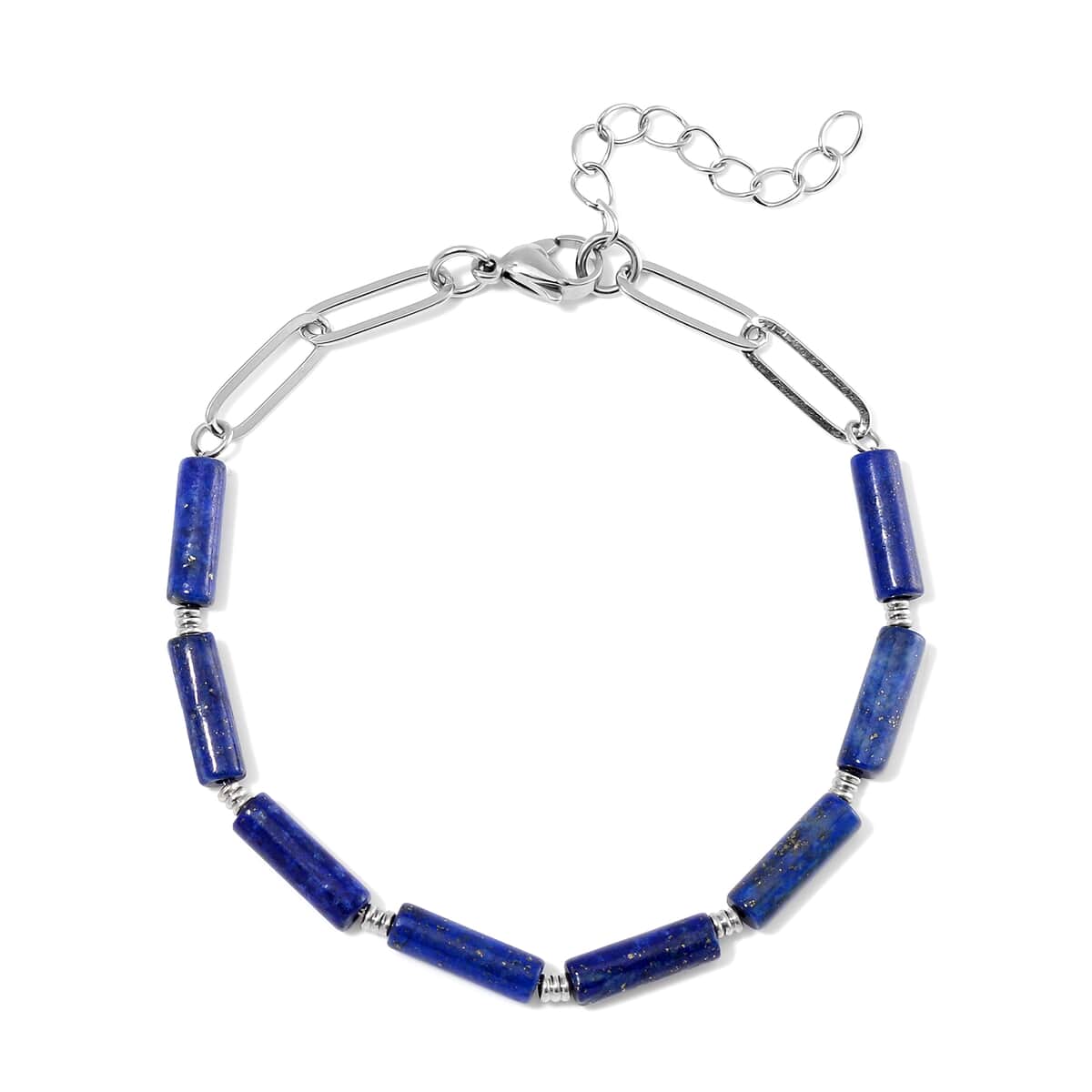 Ankur Treasure Chest Lapis Lazuli Barrel Shape Paper Clip Chain Bracelet (8.00-9.50In) in Stainless Steel 22.50 ctw image number 0