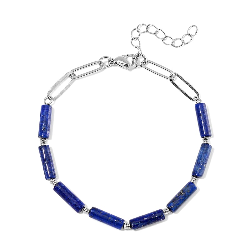 One Time Only Lapis Lazuli 22.50 ctw Barrel Shape Paper Clip Chain Bracelet (8.00-9.50In) in Stainless Steel