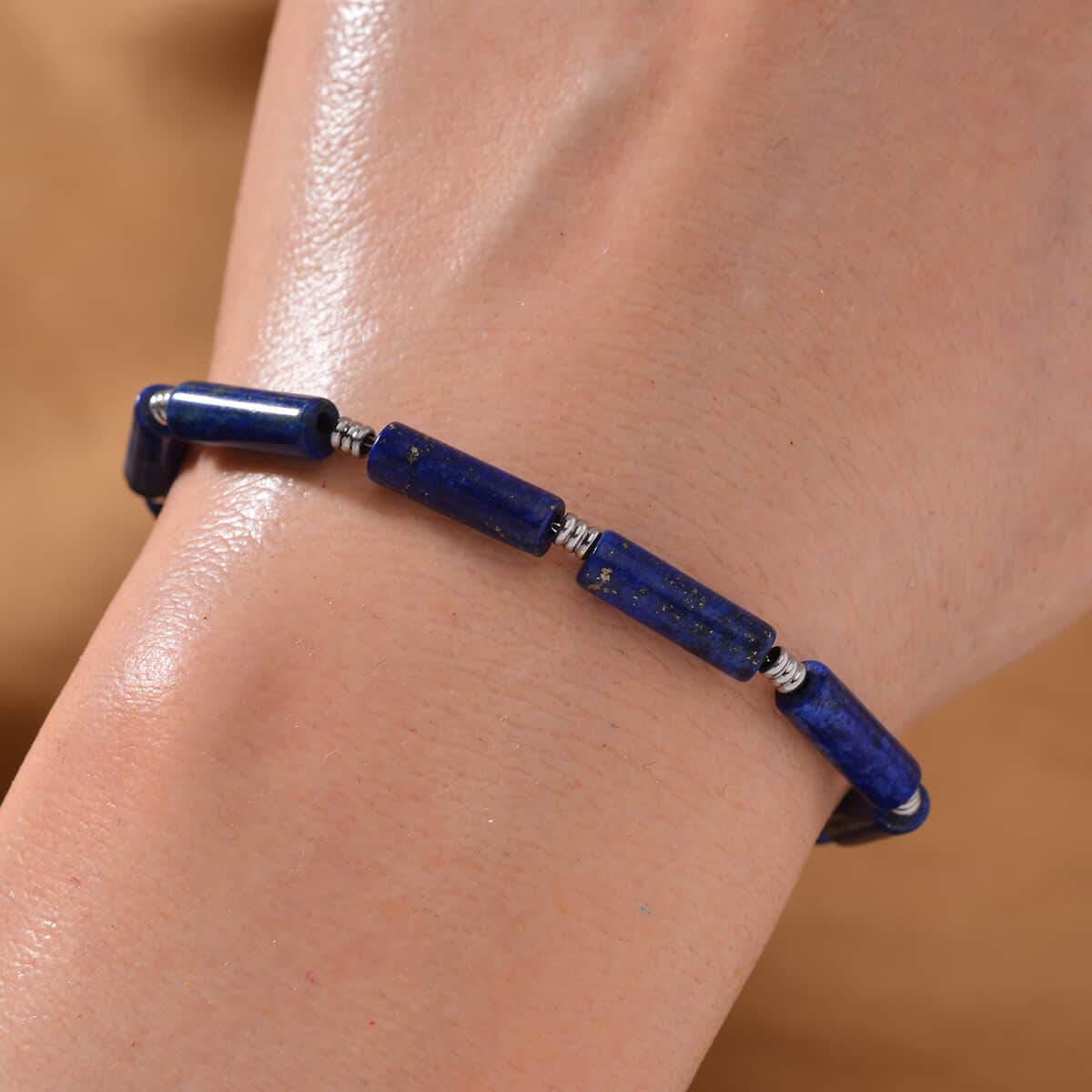 Lapis Lazuli Barrel Shape Paper Clip Chain Bracelet (8.00-9.50In) in Stainless Steel 22.50 ctw image number 1