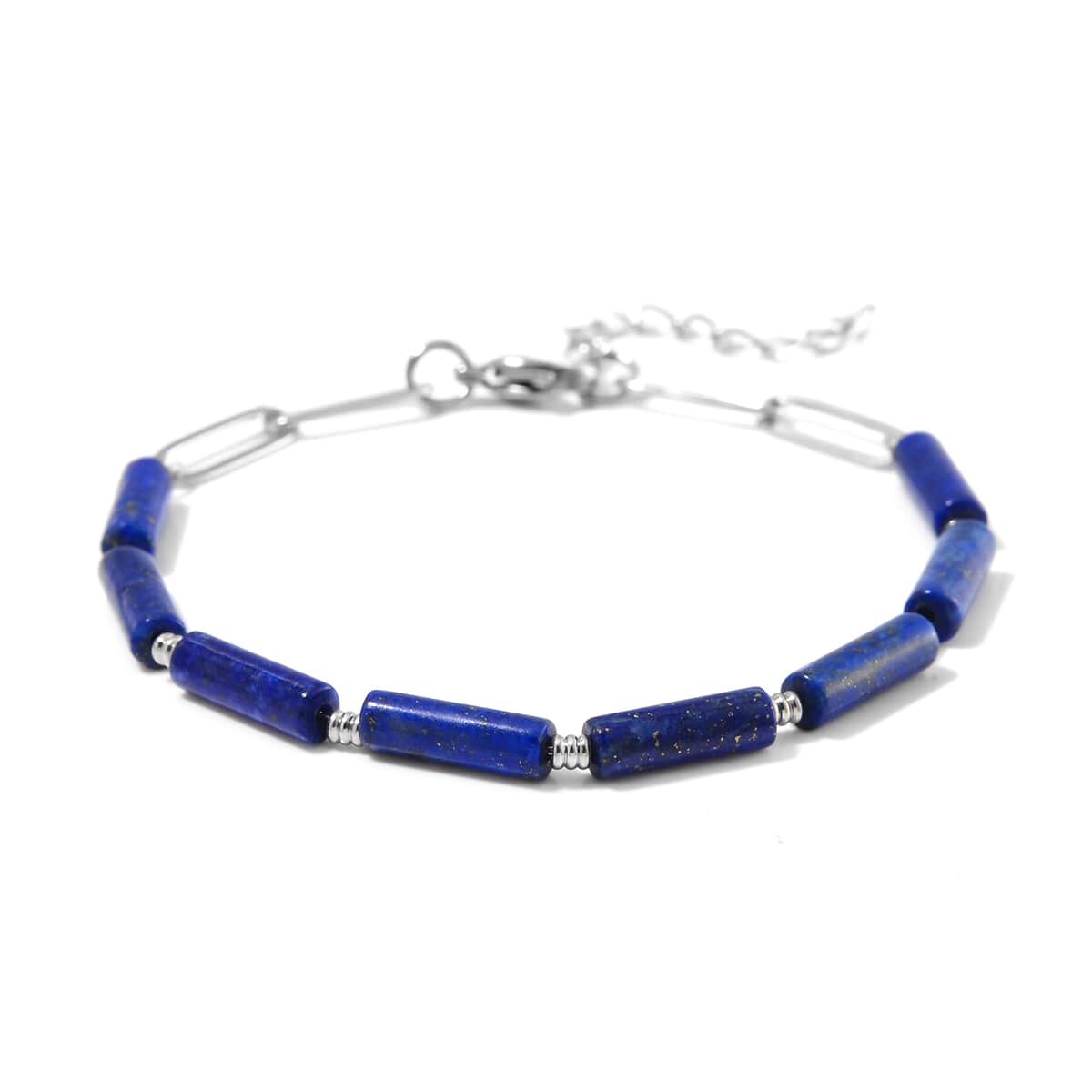 Lapis Lazuli Barrel Shape Paper Clip Chain Bracelet (8.00-9.50In) in Stainless Steel 22.50 ctw image number 2