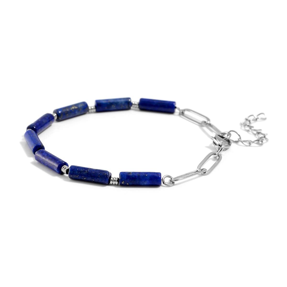 Ankur Treasure Chest Lapis Lazuli Barrel Shape Paper Clip Chain Bracelet (8.00-9.50In) in Stainless Steel 22.50 ctw image number 3