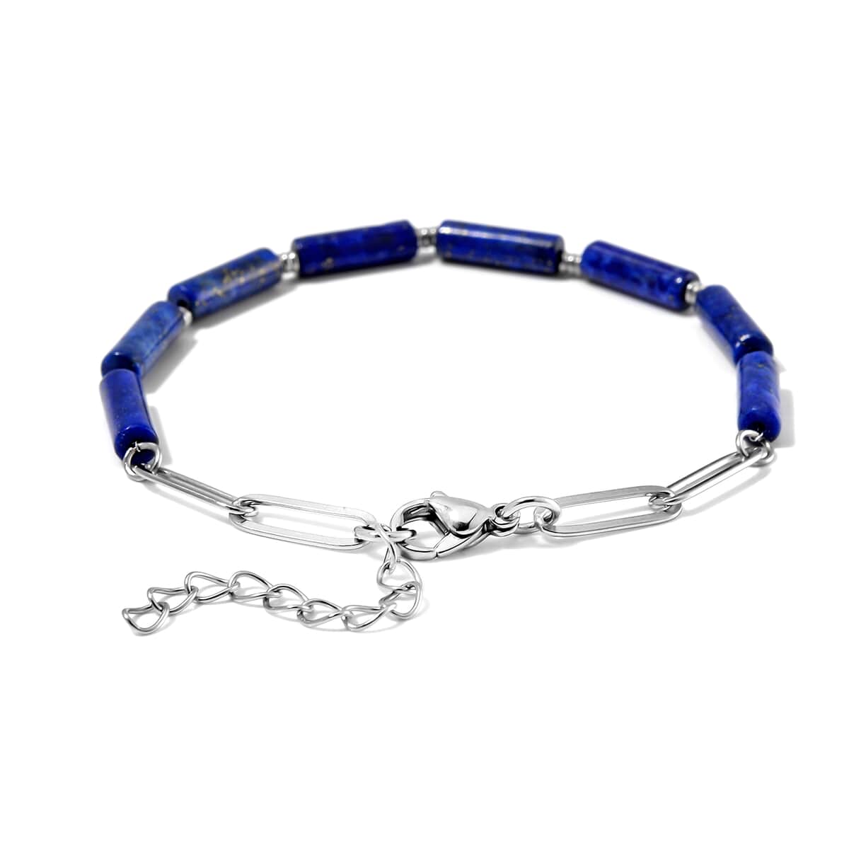 Ankur Treasure Chest Lapis Lazuli Barrel Shape Paper Clip Chain Bracelet (8.00-9.50In) in Stainless Steel 22.50 ctw image number 4