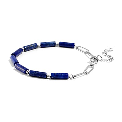 One Time Only Lapis Lazuli 22.50 ctw Barrel Shape Paper Clip Chain Bracelet (8.00-9.50In) in Stainless Steel
