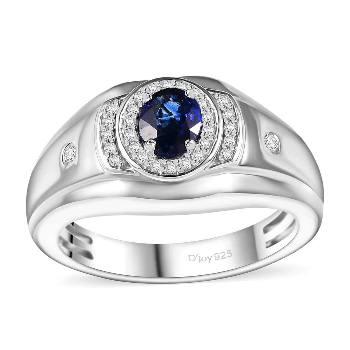 Ceylon Blue Sapphire and White Zircon 1.20 ctw Men's Ring in Rhodium Over Sterling Silver (Size 10.0) image number 0