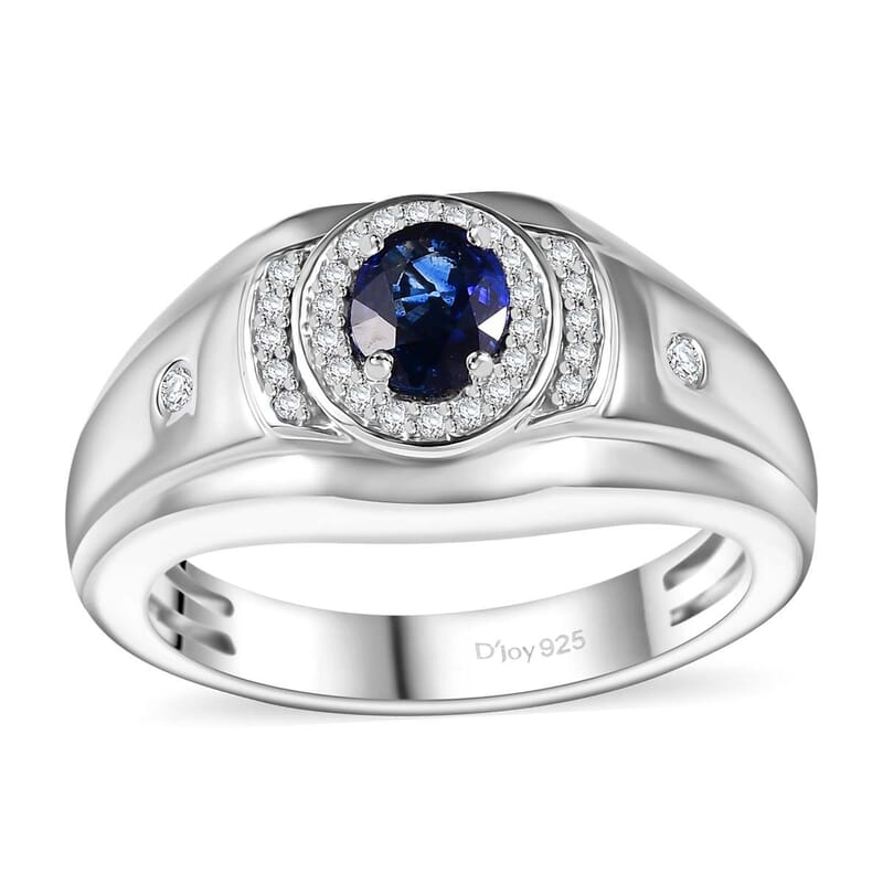 Ceylon Blue Sapphire and White Zircon 1.20 ctw Men's Ring in Rhodium Over Sterling Silver (Size 10.0)