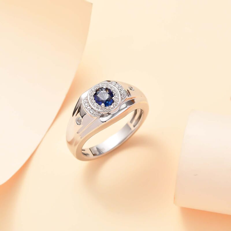 Ceylon Blue Sapphire and White Zircon 1.20 ctw Men's Ring in Rhodium Over Sterling Silver (Size 10.0)