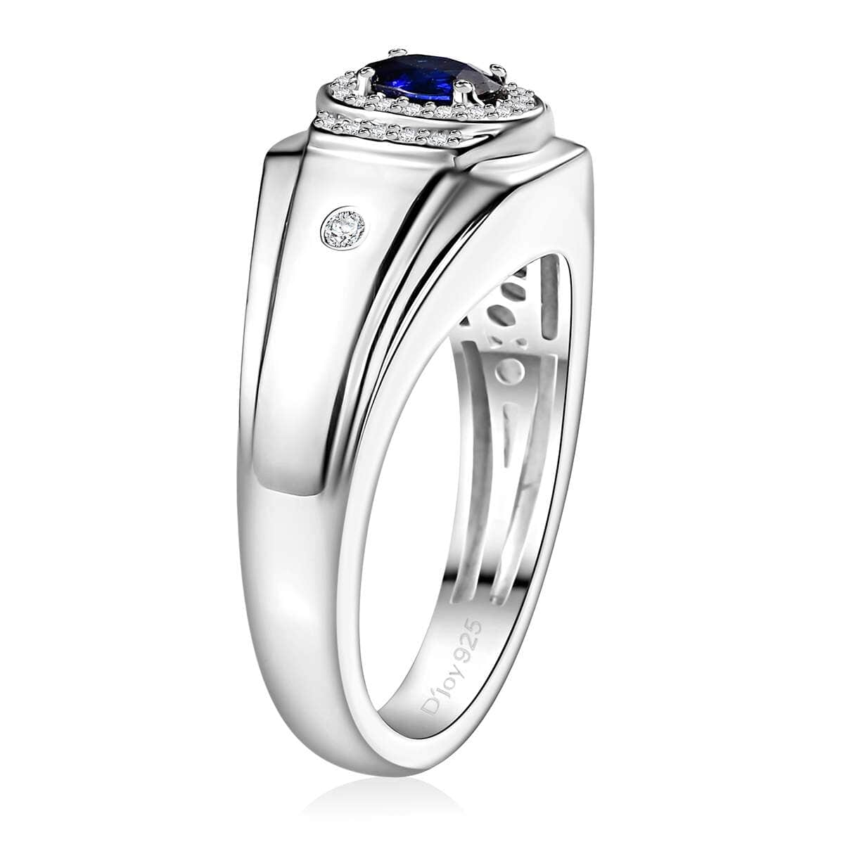 Ceylon Blue Sapphire and White Zircon 1.20 ctw Men's Ring in Rhodium Over Sterling Silver (Size 10.0) image number 3