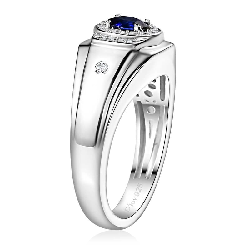 Ceylon Blue Sapphire and White Zircon 1.20 ctw Men's Ring in Rhodium Over Sterling Silver (Size 10.0)