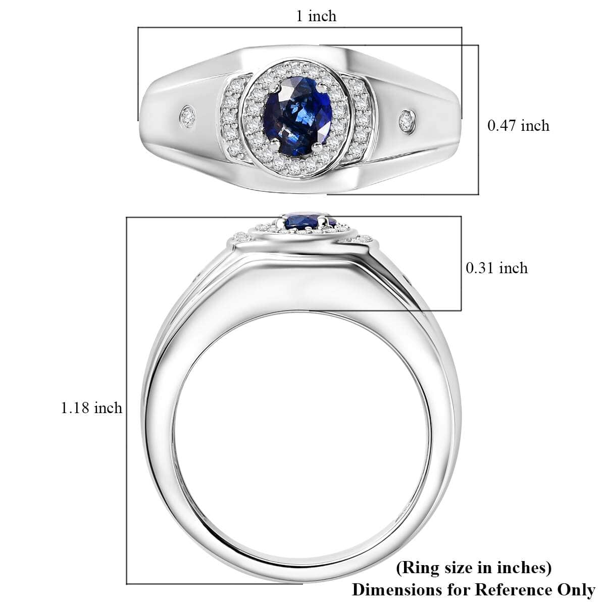 Ceylon Blue Sapphire, White Zircon Men's Ring in Rhodium Over Sterling Silver (Size 10.0) 1.20 ctw image number 5