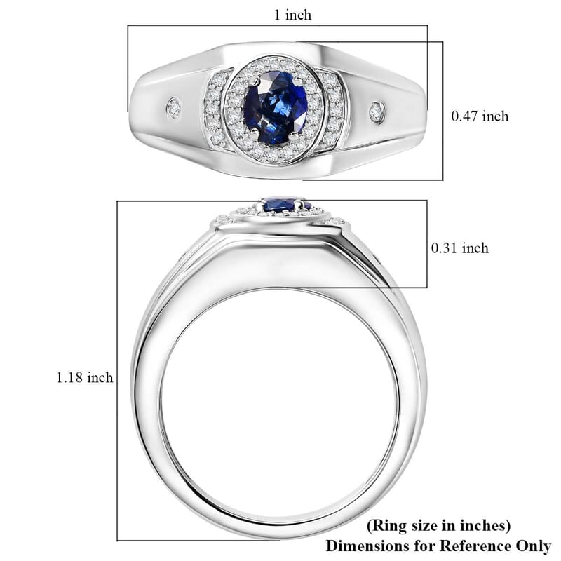 Ceylon Blue Sapphire and White Zircon 1.20 ctw Men's Ring in Rhodium Over Sterling Silver (Size 10.0)