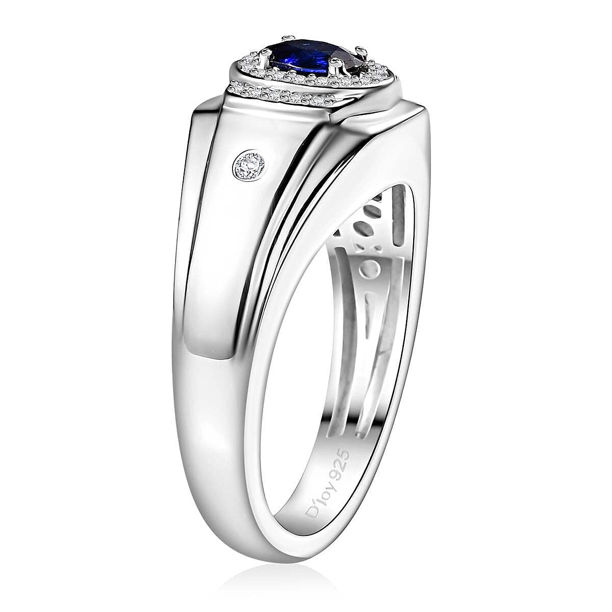 Ceylon Blue Sapphire and White Zircon 1.20 ctw Men's Ring in Rhodium Over Sterling Silver (Size 11.0) image number 3